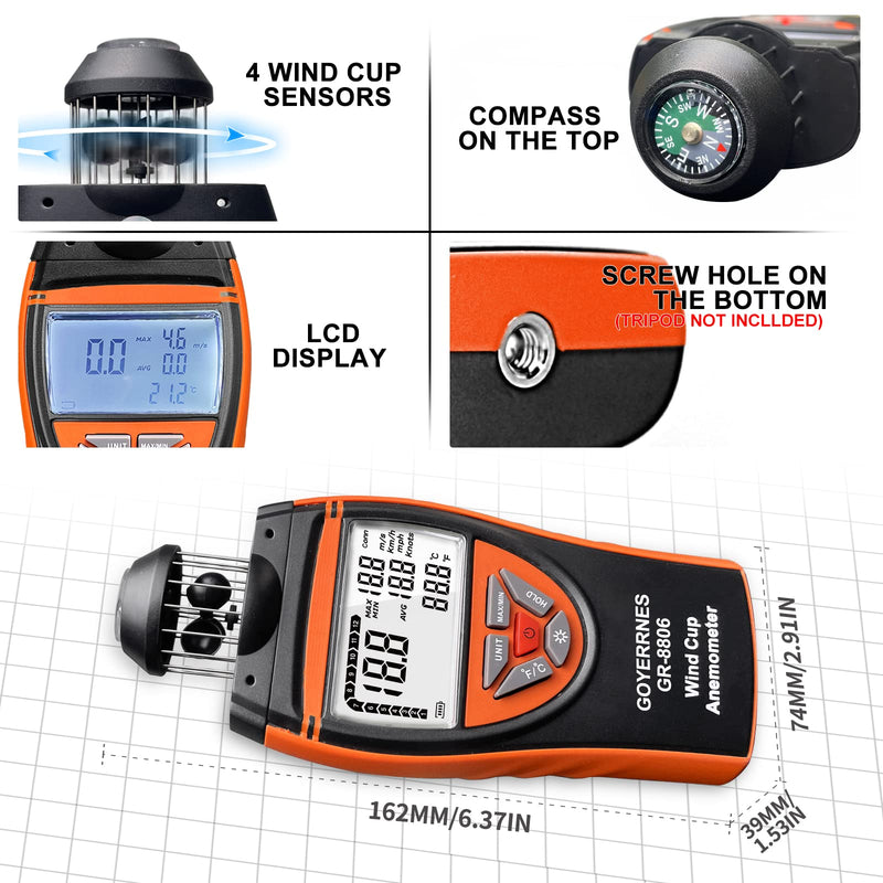 Digital Anemometer Wind Gauge, GR-8806 Handheld Wind Gauge, Wind Gauge Measure Wind Speed m/s, km/h, mph, Knot Temperature ℃/℉ Support Tripod Screw, Data Storage