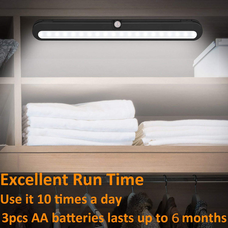 T01LB LED Closet Light - BLS Super Bright 20 LED Under Cabinet Lighting Battery Powered / DC Input Wireless Motion Sensing Light, Motion & Light Sensor, Light Beam Adjustable, Black(2 Pack) 6000 Kelvin Clean White-2 Pack (Black)
