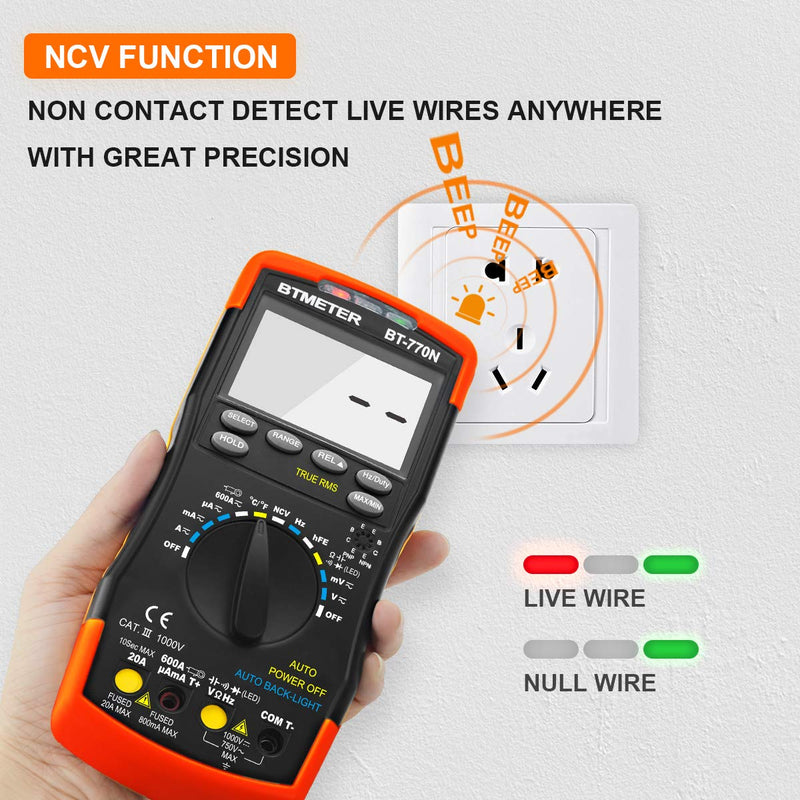 BTMETER BT-770N TRMS Auto Manual Ranging Multimeters, 6000 Counts Digital Multimeter AC DC Amp Ohm Volt Meter hFE LED Capacitor Tester to 99.99mF with Thermometer Backlit