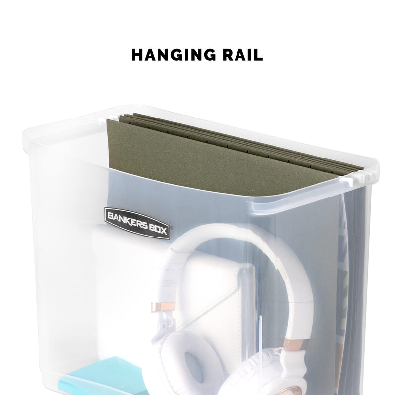 Bankers Box Portable Open Desktop Plastic File Box, Clear Organizer Bin, Side Handles, 9.8 H x 12 W x 6.3 D
