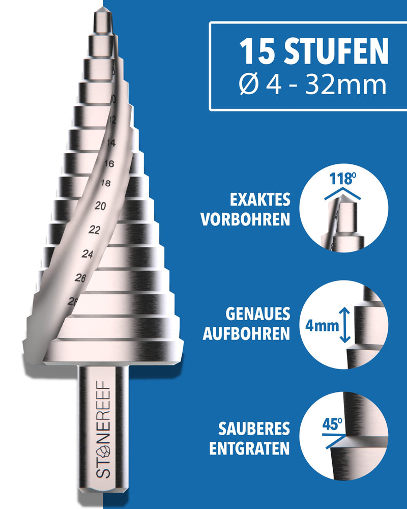 STONE REEF step drill professional made of HSS steel - [15 steps | Ø 4-32mm] - cone drill, peeling drill, metal, hole drill, sheet metal drill, plastic drill, hole cutter, milling drill, hole cutter step drill professional made of HSS steel - 15 steps