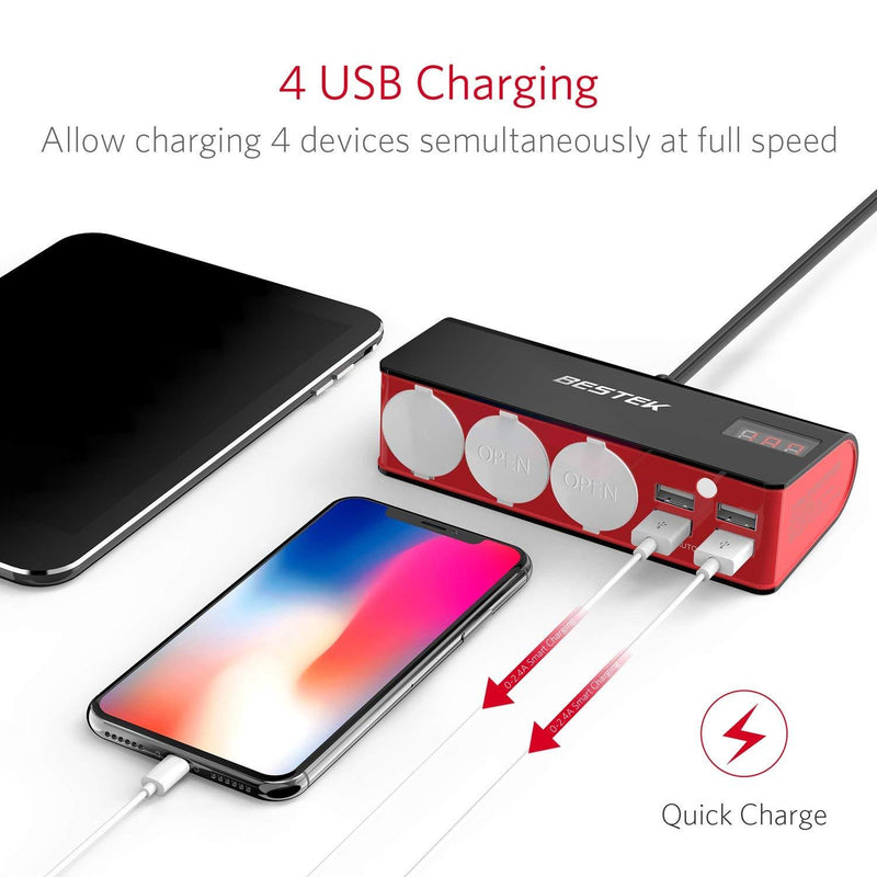 BESTEK 3-Socket 200W 12V/24V DC Cigarette Lighter Power Adapter with 6A 4-Port Car USB Splitter Charger