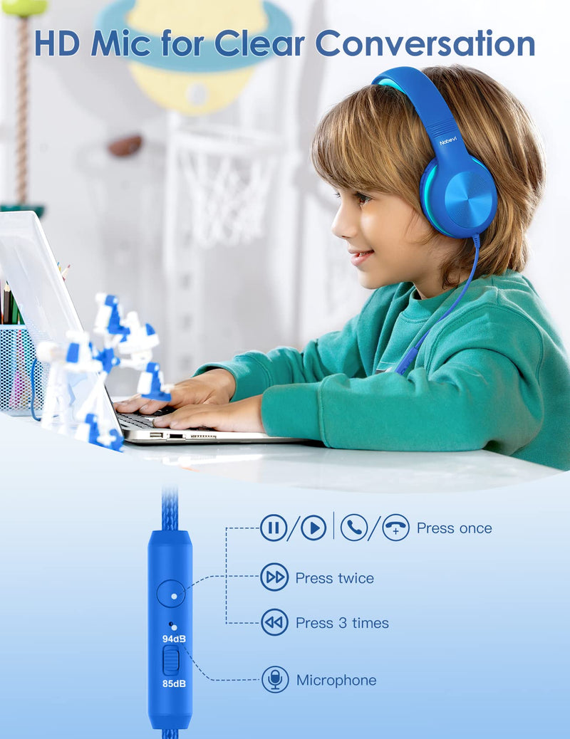 Kids Headphones with Microphone, Over-ear Headphones for Kids with Sharing Function, 85dB/94dB Safe Volume Limit, HD Sound, Headset for On-line Study, School, Travel, Headphone for Children Boys Girls Blue