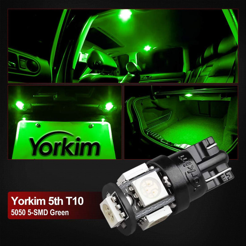 Yorkim 194 LED Bulbs Green Super Bright Newest 5th Generation, T10 LED Bulbs, 168 LED Bulb, LED Bulbs for Car Interior Dome Map Door Courtesy License Plate Lights W5W 2825, Pack of 10
