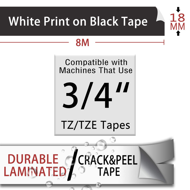 SuperInk 2 Pack Compatible for Brother TZ345 TZ-345 TZe345 TZe 345 White on Black Label Tape 0.7 inch 18mm(3/4") x 8m(26.2ft) Laminated P-Touch PTD600 PT-D400 PT-P710BT PT-E300 PT-E500 Label Maker