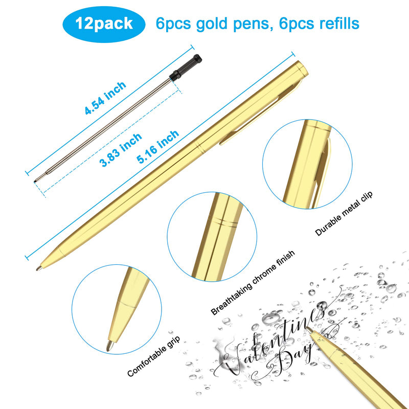 13pk - 6 Premium Retractable Ballpoint Pen Gold Pens Plus 6 Black Ink Refills in 1 Glossy Gift Box Nice Uniform Pens Gift for Office Gift Wedding Birthday Graduation Gold 03