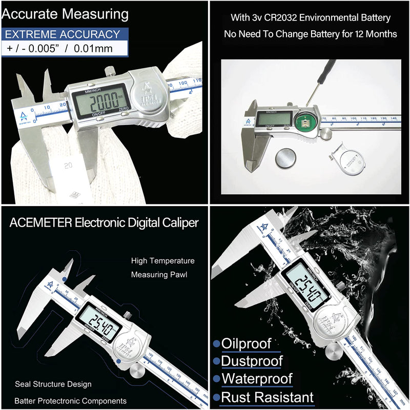 ACEMETER Digital Caliper, 6 Inch Caliper Measuring Tool,IP54 Waterproof Protection Design,Large LCD Screen,Electronic Digital Micrometer with Inch Metric Fraction 6 inch IP54-Waterproof