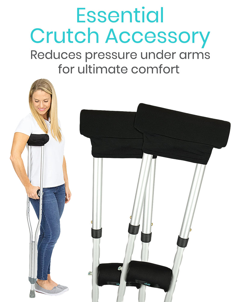 Vive Crutch Pads - Padding for Walking Arm Crutches - Universal Underarm Padded Forearm Handle Pillow Covers for Hand Grips - Soft Foam Armpit Bariatric Accessories for Adults, Kids (1 Black Pair)