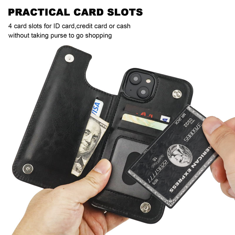 ONETOP Compatible with iPhone 14 Plus Wallet Case with Card Holder, PU Leather Kickstand Card Slots Case, Double Magnetic Clasp and Durable Shockproof Cover 6.7 Inch (Black) Black