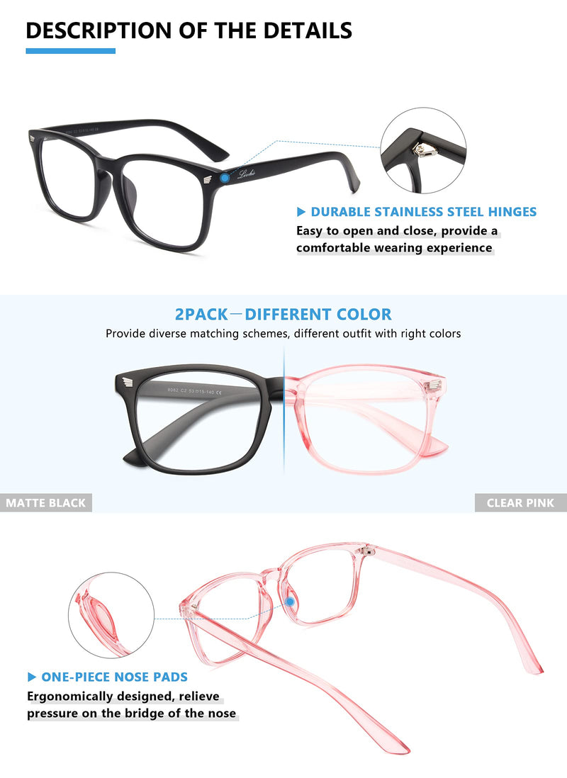 livho 2 Pack Blue Light Blocking Glasses, Computer Reading/Gaming/TV/Phones Glasses for Women Men,Anti Eyestrain & UV Glare (Matte Black+Clear Pink) *B7 Matte Black+clear Pink