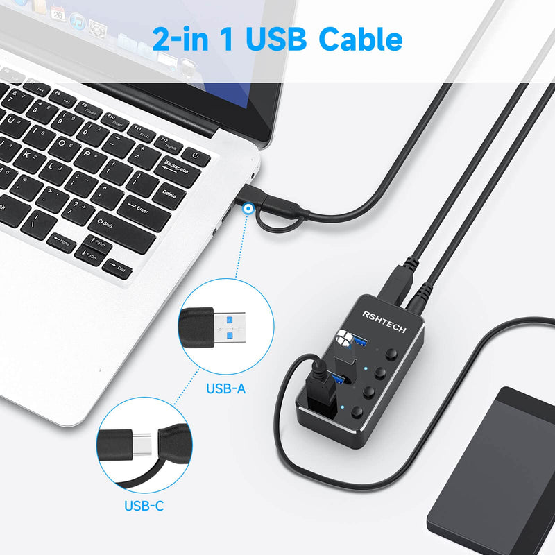 USB 3.0 Hub RSHTECH 4 Port Powered USB 3.0/USB C Hub Upgraded Version with 2-in-1 3.3ft USB Cable,5V Power Adapter and Individual Switches, Portable Aluminum USB Splitter for Laptop and PC, RSH-ST04 4-Port USB hub