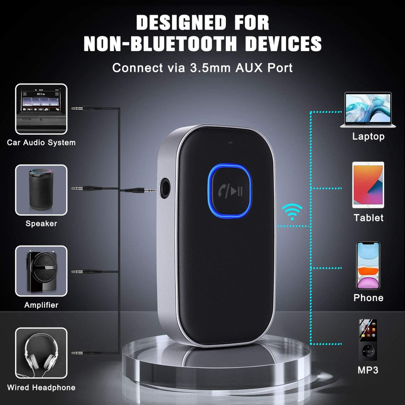 [2021 Upgraded] COMSOON Bluetooth 5.0 Receiver for Car, Noise Cancelling Bluetooth AUX Adapter, Bluetooth Music Receiver for Home Stereo/Wired Headphones/Hands-Free Call,16H Battery Life-Black+Silver