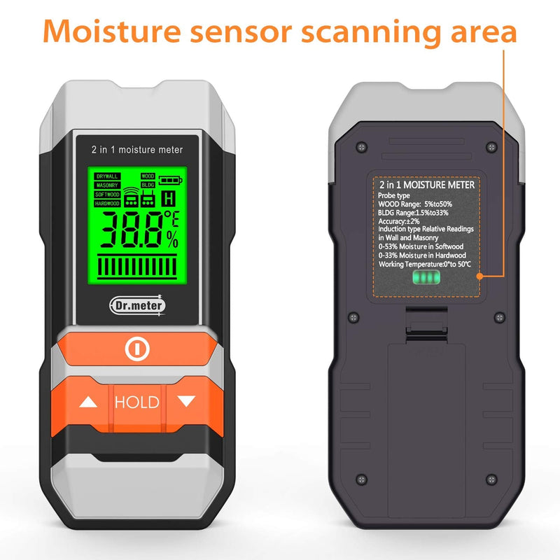 Wood Moisture Meter, 2 in 1 Pin & Pinless Moisture Tester, Dr.meter Digital Dampness Moisture Sensor Detector for Wood Firewood Drywall Paper Floor Woodworking, Water Leak Detector