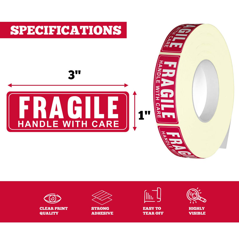 1” X 3” Fragile Handle with Care Warning Stickers, Fragile Tape for Packing and Shipping, Permanent Adhesive Labels 1000 Per Roll (1 Pack)