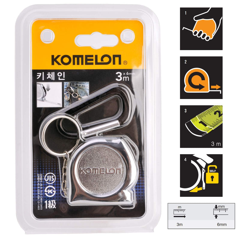 KOMELON KMC-74K Pro Easy Chrome Case Tape Measure 3m x 6mm Metric Rulers Key Chain Key-Ring with Carabiner Clip Accessory
