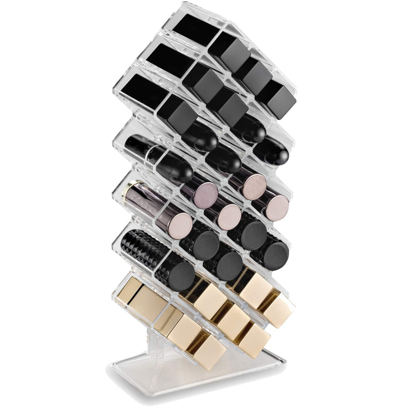 byAlegory Acrylic Lipstick Makeup Organizer | 28 Space Cosmetic Storage Designed To Stand, Lay Flat or Stack (CLEAR) 28 Space Tower Clear