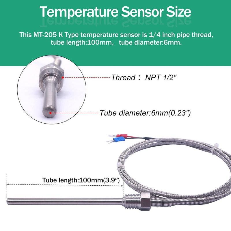 Twidec/2M NPT 1/4"inch (6X100MM) Pipe Thread Temperature Sensor Probe Two Wire Temperature Controller (0~600℃) 304 Stainless Steel K Type Thermocouple MT-205-1/4 1/4" 6x100mm