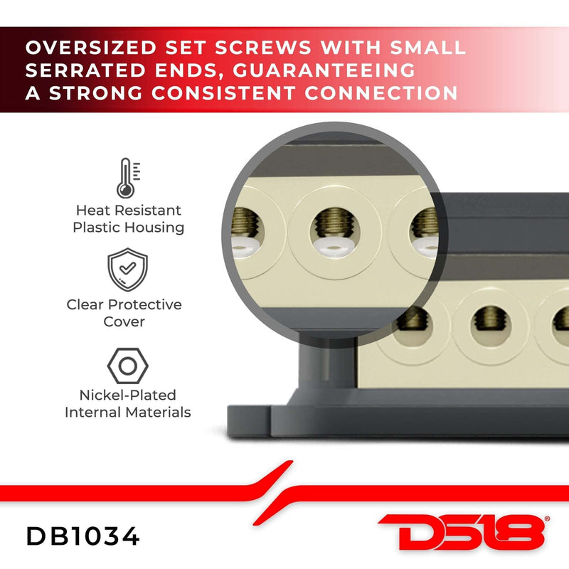 DS18 DB1034 Distribution Ground Block - 1 x 0GA In/ 3 x 4GA Out, Nickle Plated Internal Material, High-Strength Heat Resistant Plastic Housing, Oversized Set Screws for Secure Connections (1 In 3 Out) Single 1X0GA in - 3X4GA Out Standard Packaging