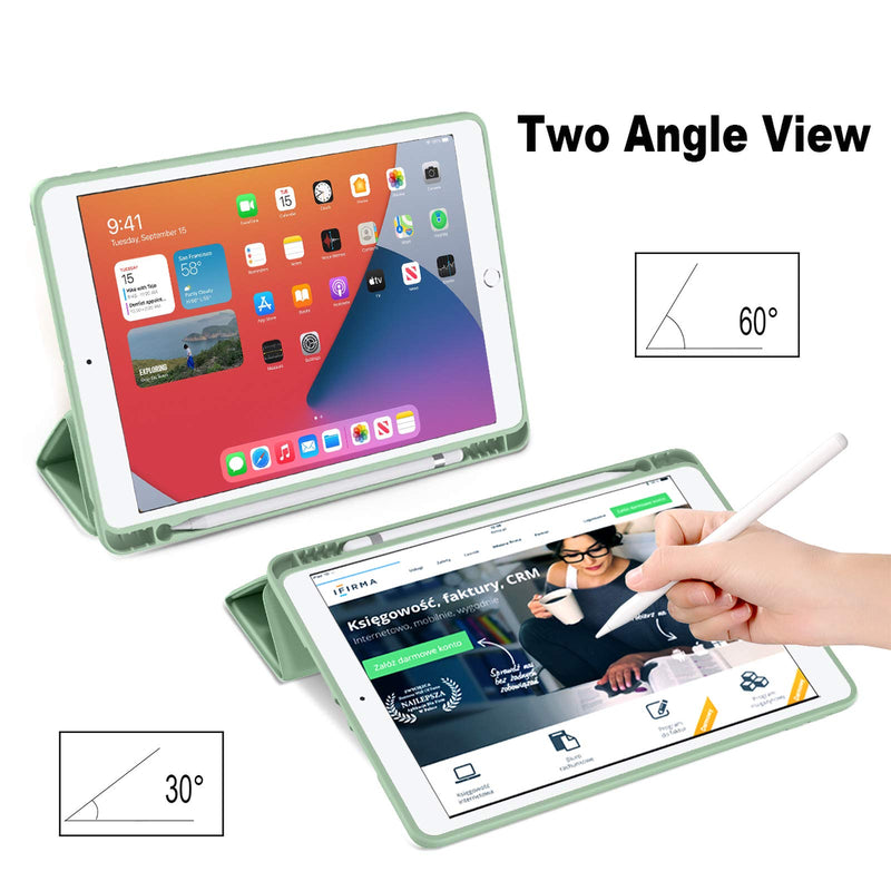 Akkerds Case Compatible with iPad 10.2 Inch 2021/2020 iPad 9th/8th Generation & 2019 iPad 7th Generation with Pencil Holder, Protective Case with Soft TPU Back, Auto Sleep/Wake Cover, Matcha Green