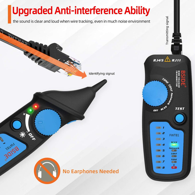 Bside Network Cable Tester RJ45 RJ11 Wire Tracker Telephone Line Tester LAN TV Electric Line Finder Toner Network Cable Collation Continuity Checker with Flashlight FWT81