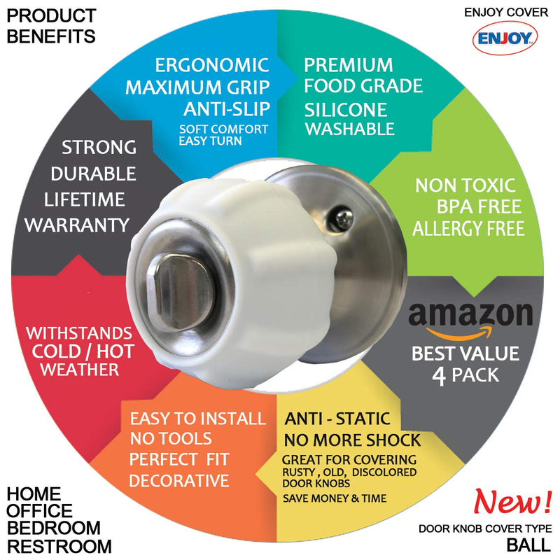 New Enjoy Cover - Door Knob Cover Grips Non Slip Arthritis & Senior Living Aids Grippy Easy Open Decorative. Simple Functional Effective Solution- 4 Pack (White, Ball)