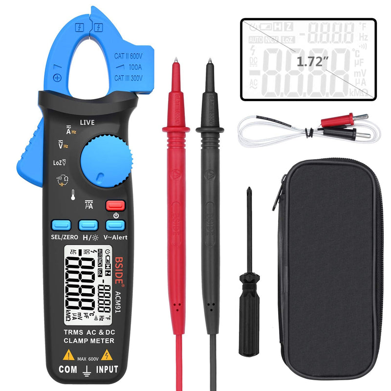 Bside ACM91 1mA Clamp Meter DC/AC Current True RMS Auto-Ranging 6000 Counts Multimeter Live Check V-Alert Temperature Capacitance Frequency Tester with Back Clip Blue