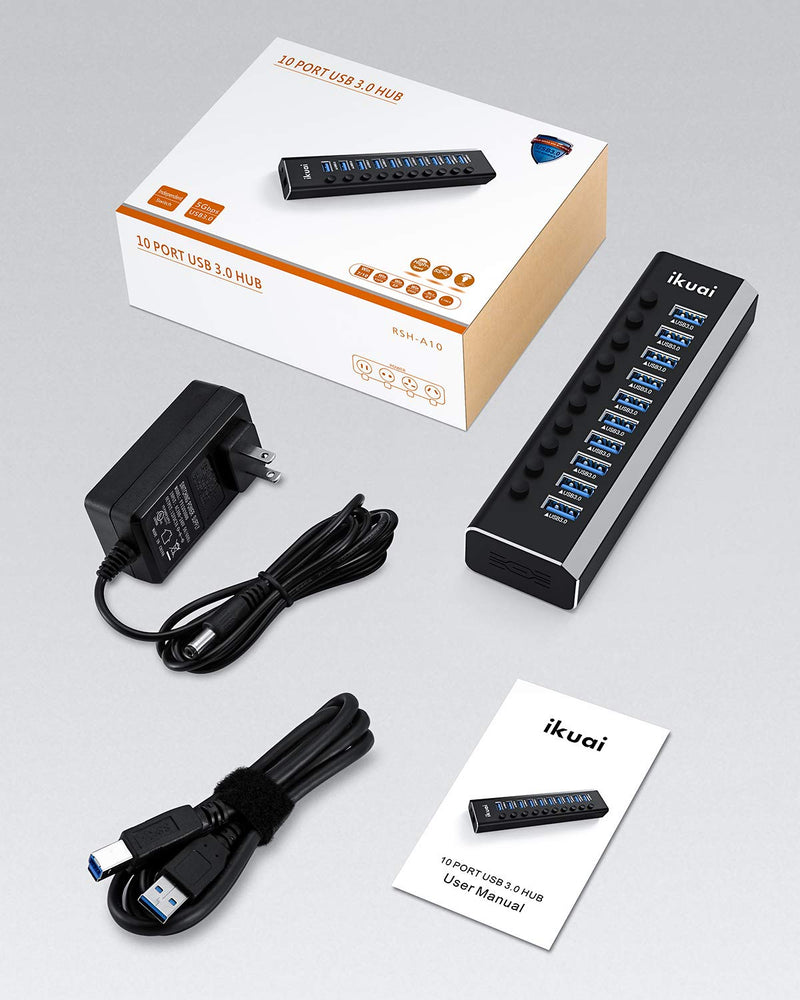 Powered USB Hub 3.0 ikuai Aluminum 10 Port USB 3.0 Data Hub Splitter with 12V/3A 36W Power Adapter and Individual On/Off Switches for Desktop PC Laptop and More