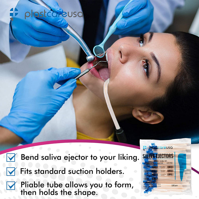 100 Dental Disposable Saliva Ejectors, Clear Body Blue Tip, Evacuation Suction Tips, Bag of 100