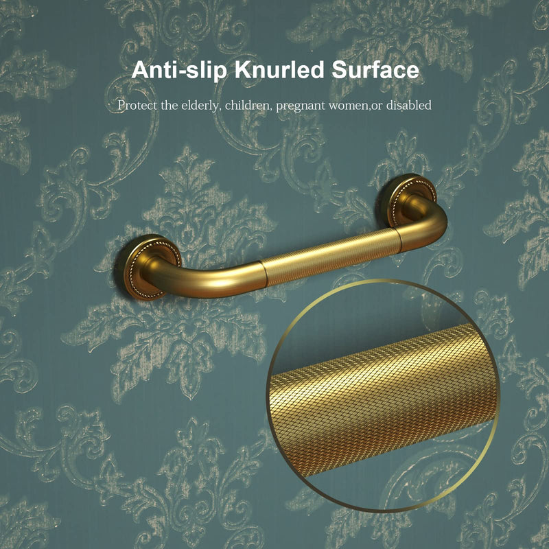 12 Inch Anti Slip Bronze Shower Grab Bar Polished Gold,ZUEXT Antique Brass Bathroom Grab Bar, Knurled Bathroom Balance Bar,Safety Hand Rail Support,Handicap Elderly Injury Senior Assist Bath Handle Gold-12 Inch