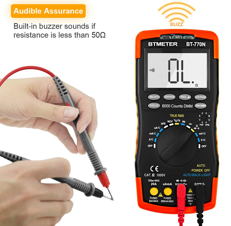 BTMETER BT-770N TRMS Auto Manual Ranging Multimeters, 6000 Counts Digital Multimeter AC DC Amp Ohm Volt Meter hFE LED Capacitor Tester to 99.99mF with Thermometer Backlit