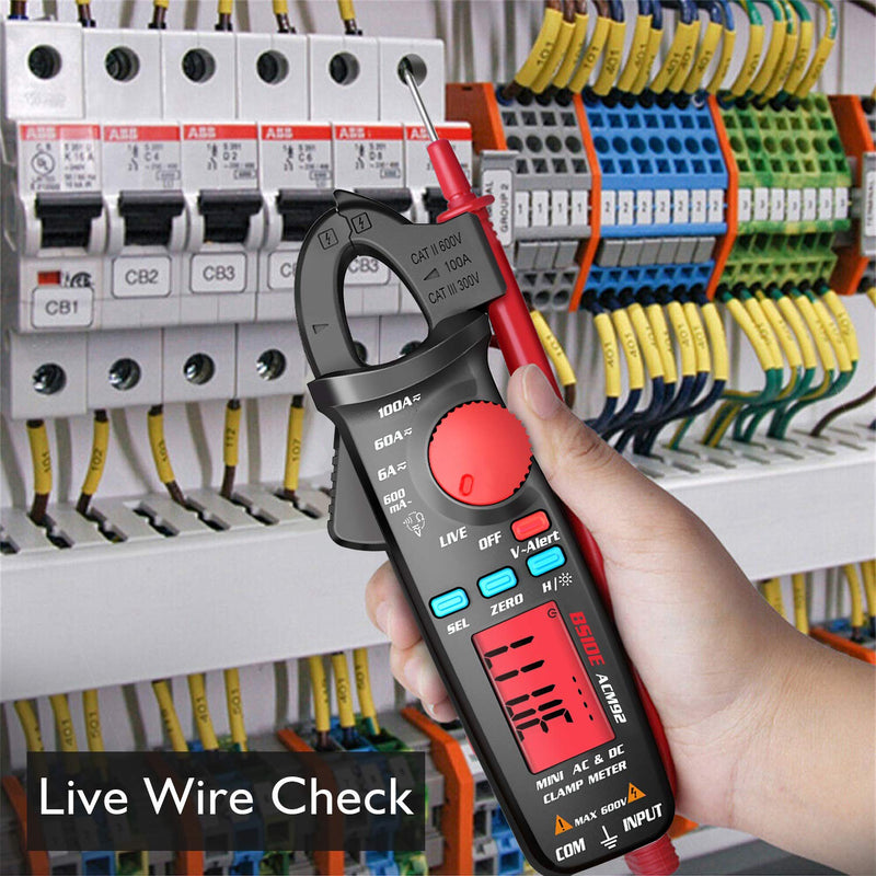DC Current Clamp Meter 6000 Counts Auto-Ranging Digital Ammeter Amp Ohm Hz Live Check V-Alert Voltage Tester with Back Clip ACM92