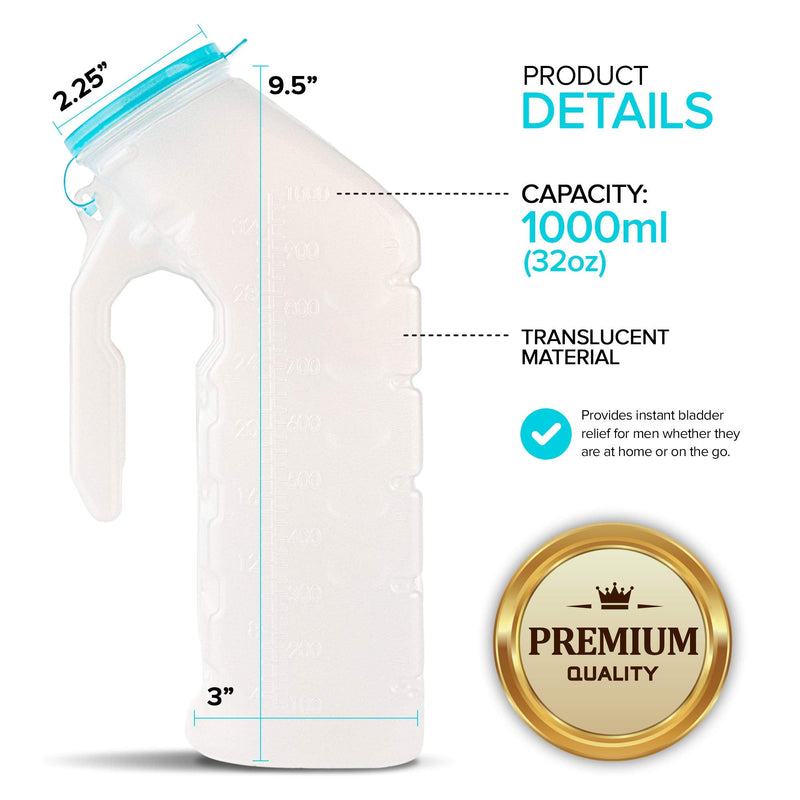 Male Urinal with Glow in The Dark Lid (2 Bottles) 32 Oz Urine Bottles for Men - Pee Bottles for Hospitals, Emergency and Travel 2 Count (Pack of 1)