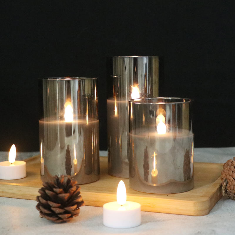 GenSwin Gray Glass Battery Operated Flameless Led Candles with 10-Key Remote and Timer, Real Wax Candles Warm White Flickering Light for Home Decoration(Set of 3) A-gray