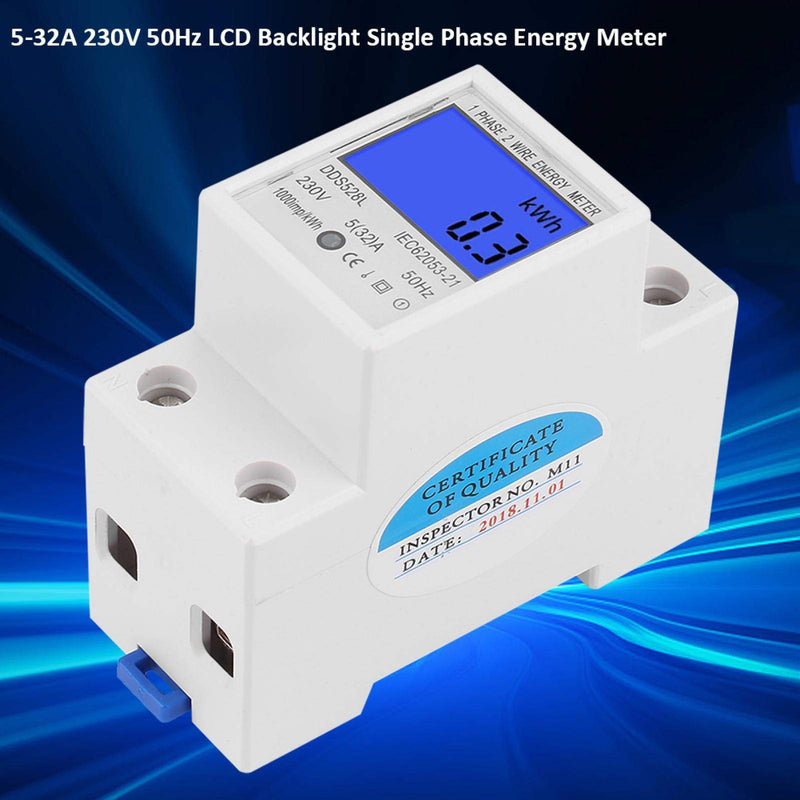 Electric Energy Meter, 5-32A 110-230V AC 50(60) Hz Single Phase Multi Function Watt Hour Meter with Multi Value LCD Display, Multipurpose KWh Voltage Current Power Meter, 35mm DIN Rail Mount