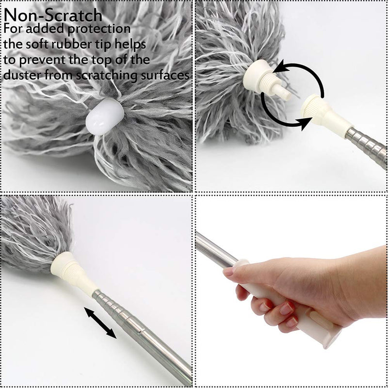 Microfiber Duster with Extension Pole(Stainless Steel) 30 to 100'', with Bendable Head, Extendable Long Duster for Cleaning Ceiling Fan, High Ceiling, Keyboard, Furniture Cars