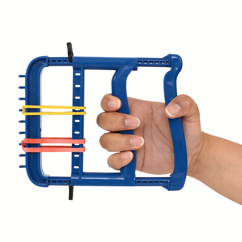 Sammons Preston-56573 Rolyan Basic Ergonomic Hand Exerciser, Strengthening Device for Fingers, Hands, and Thumbs, Comes with 4 Pairs of Graded Rubber Bands with Progressive Difficulty, Blue Plastic Handle