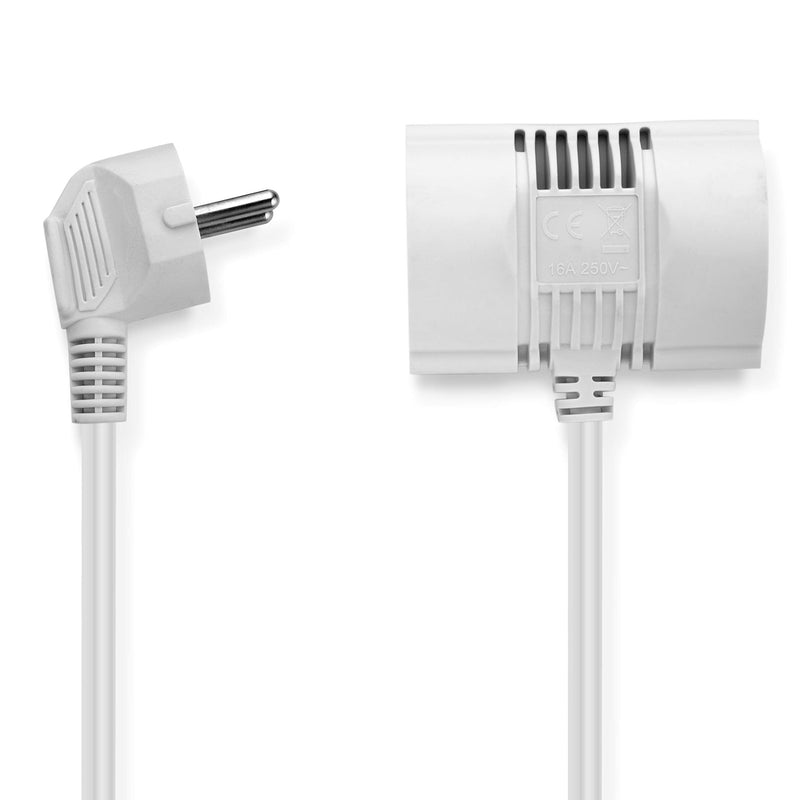 MutecPower 5 meter extension cable with 2-way Schuko double sockets - angled EU extension IP20 protective contact plugs and couplings - up to 250V 50Hz 16A - 5m white, male-female