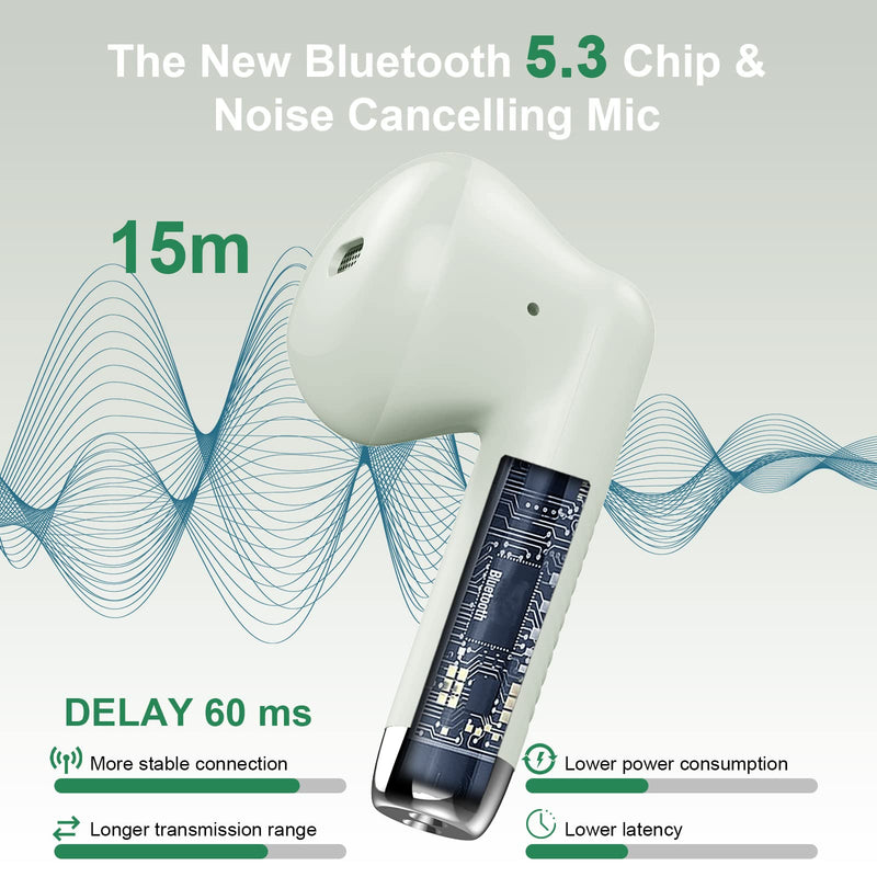 Wireless Earbuds, Bluetooth 5.3 Earbuds Stereo Bass, Bluetooth Headphones in Ear Noise Cancelling Mic, Earphones IP7 Waterproof Sports, 32H Playtime USB C Mini Charging Case Ear Buds for Android iOS Green