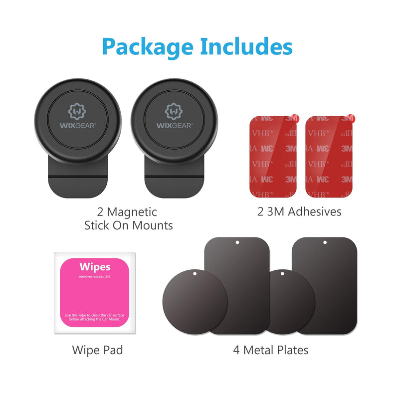 Magnetic Car Mount, WixGear Universal Stick On Mount (2 Pack) Dashboard Magnetic Phone Holder for Car for Cell Phones and Mini Tablets with Fast Swift-snap Technology, Magnetic Cell Phone Mount