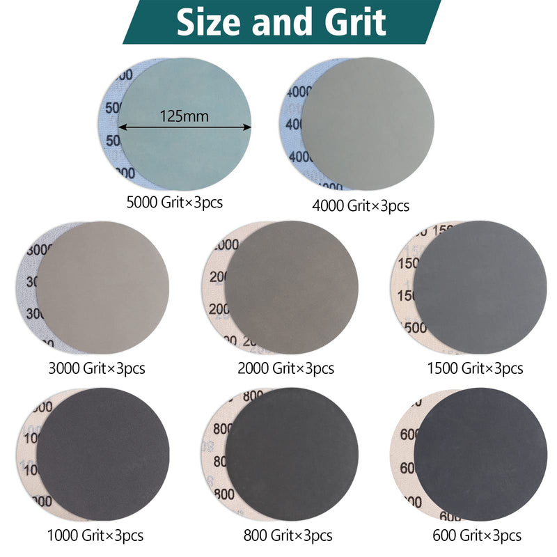 JatilEr Pack of 24 sandpaper 125 mm Velcro, grain size 600/800/1000/1500/2000/3000/4000/5000 sanding pads round without hole wet dry sanding discs eccentric sander sanding paper set for metal wood