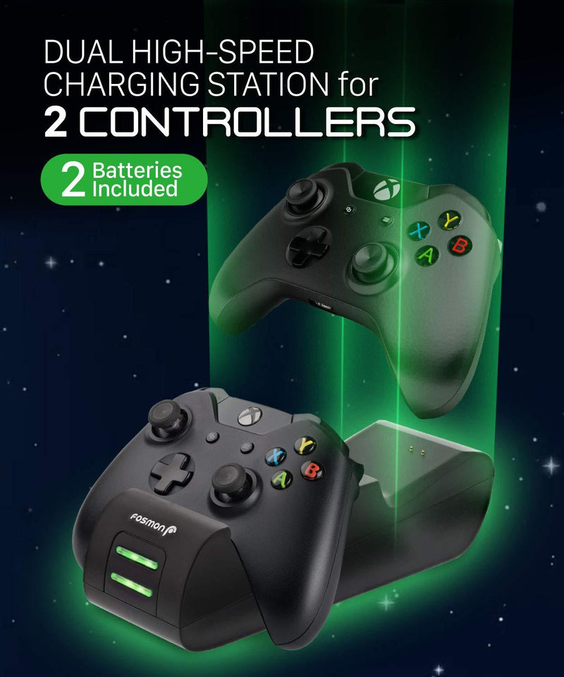 Fosmon Xbox One/One X/One S Controller Charger, [Dual Slot] High Speed Docking/Charging Station with 2 x 1000mAh Rechargeable Battery Packs (Standard and Elite Compatible)