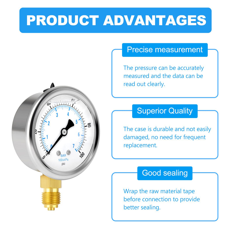 ERGAOBOY 0-7 Bar Stainless Steel 1/4" BSP 2.5" Inch FACE DIAL Liquid Filled Pressure Gauge WOG Water Oil Gas Lower Mount Lower Mount