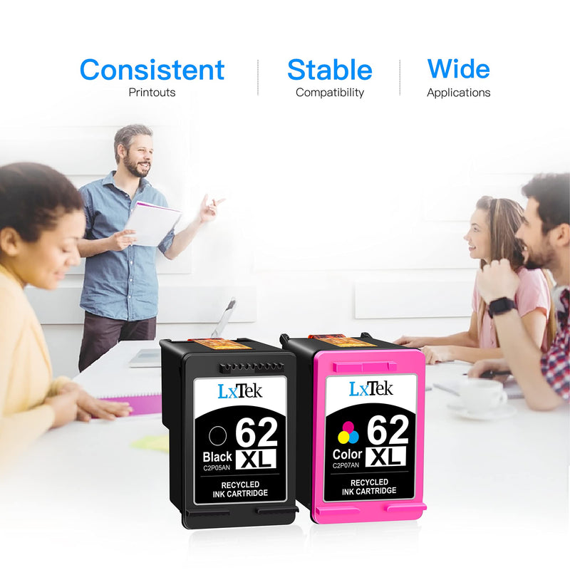 LxTek Remanufactured Ink Cartridge Replacement for HP 62XL 62 XL to use with Envy 5540 5660 7645 5642 5542 5643 5640 7644 OfficeJet 250 5740 200 5745 Printer, High Yield(1 Black,1 Tri-Color, 2 Pack)