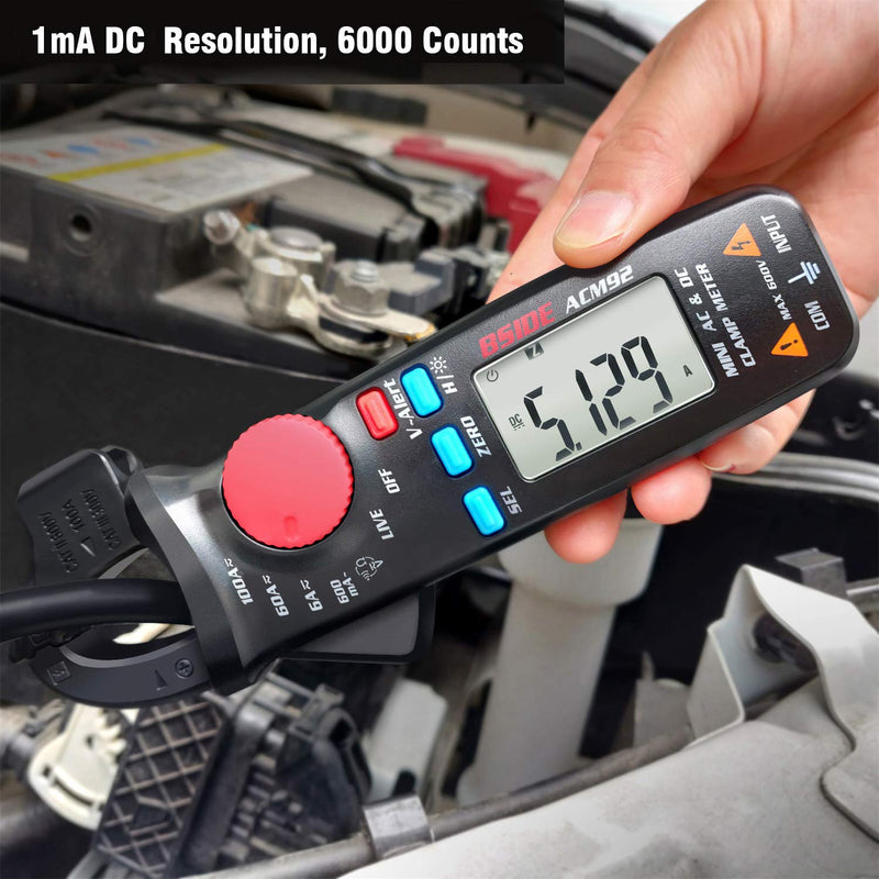 DC Current Clamp Meter 6000 Counts Auto-Ranging Digital Ammeter Amp Ohm Hz Live Check V-Alert Voltage Tester with Back Clip ACM92