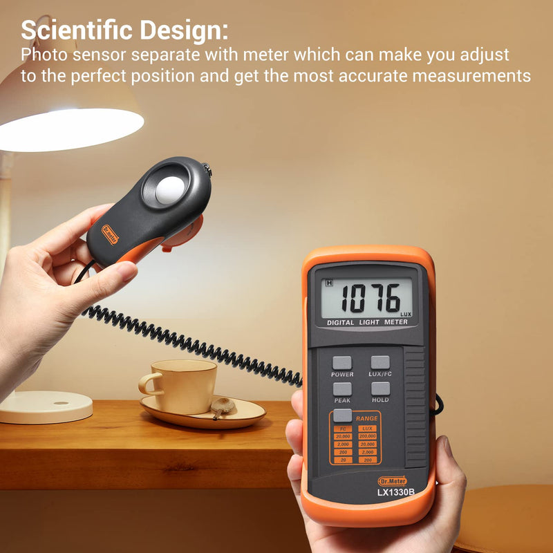 Dr.meter LX1330B Digital Illuminance Light Meter, 0-200,000 Measurement Range Lux Meter