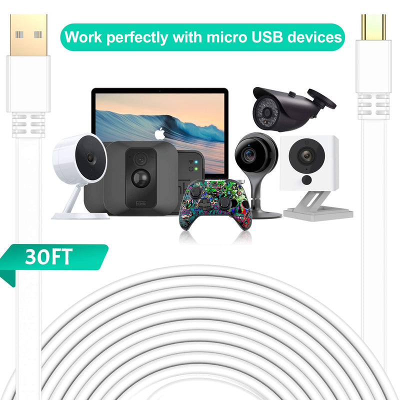 Itramax Micro USB Power Cable 30 FT (2 Pack),Flat Micro USB Charging Power Cord,Charger for Wyze Cam Pan,Yi Cam,Nest Cam,Blink XT XT2 Mini Camera,Furbo Dog,Arlo Q,Zmodo,Netvue,Xbox One Controller 30FT White