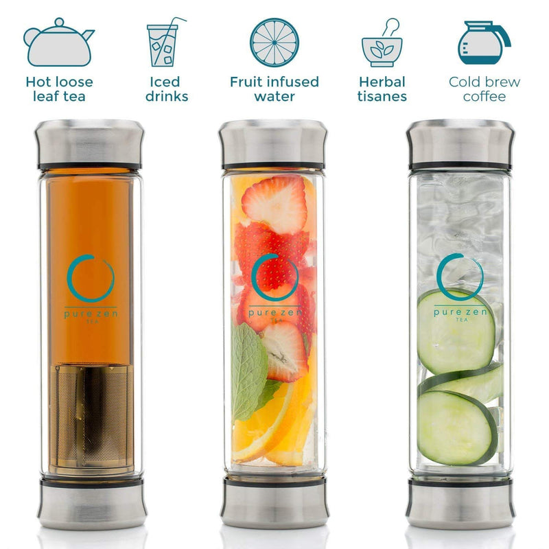 Pure Zen Tea Tumbler with Infuser - BPA Free Double Wall Glass Travel Tea Mug with Stainless Steel Filter - Leakproof Tea Bottle with Strainer for Loose Leaf Tea and Fruit Water 13 Ounce