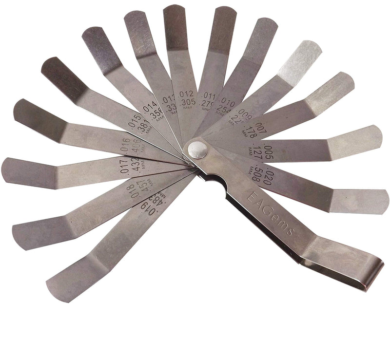 Offset Feeler Gauge Set by EAGems, for Measuring Gap Width or Thickness - Includes 16 Blades Imprinted with Inches and Millimeters, between .005-.020 inch / .127-.508 mm