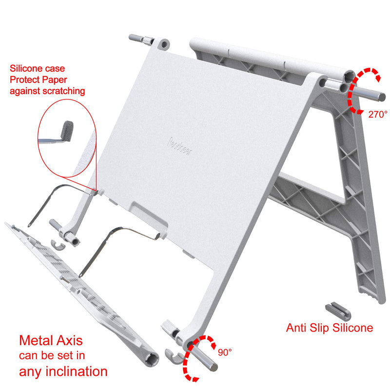 Readaeer Portable Book Stand Free Angle Adjustable Book Holder for Reading Textbook Foldable Lightweight Book Rest (White) White