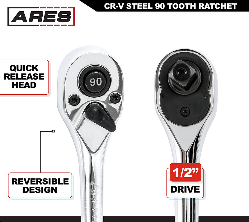 ARES 42047-1/2-Inch Drive 90-Tooth Ratchet - Premium Chrome Vanadium Steel Construction & Mirror Polish Finish - Quick Release for Easy Socket Change - 90-Tooth Reversible Design with 4 Degree Swing 1/2-Inch Drive